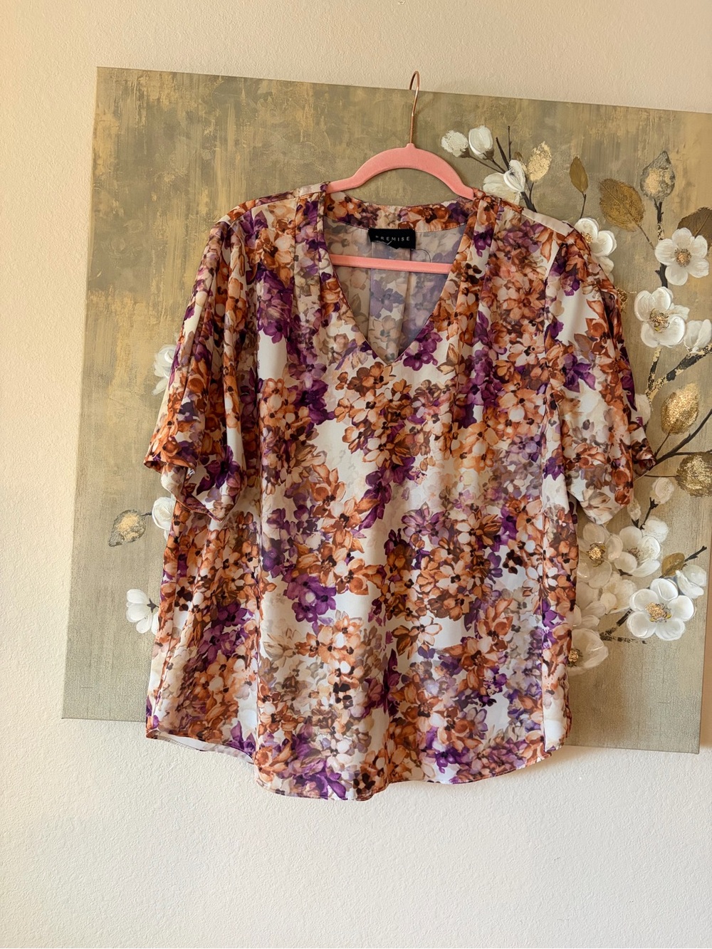 Premise Floral V-Neck Blouse - Purple & Orange